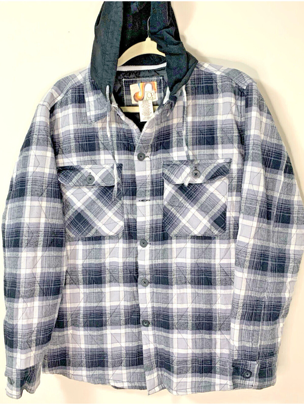 Ocean Pacific VTG Flannel Shacket Hoodie Men's S Black Plaid Quilted OP 90s Y2K